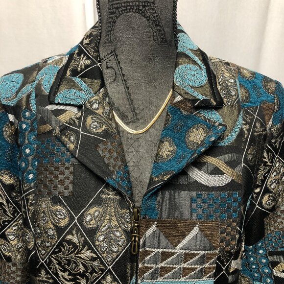 Dressbarn Jacket Womens Medium Brown Teal Patchwork Tapestry Design Blazer READ - Picture 2 of 9
